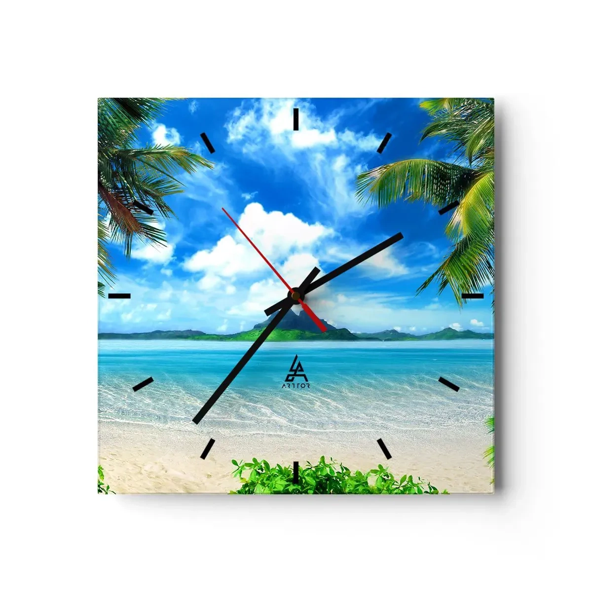 Wanduhr - Glasuhr - Tropischer Strand mit Palmen und Blick auf die Insel - 30x30cm - Das Azurblau der Tropen - Moderne Wanddekoration für Wohnzimmer und Schlafzimmer ARTTOR