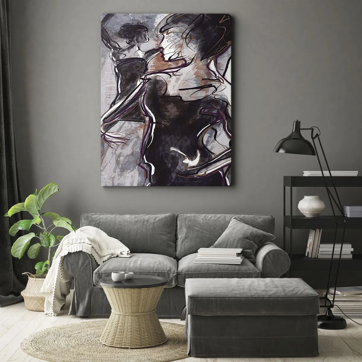 Bild auf Leinwand - Leinwandbild - Abstrakte Jazzszene mit einem Saxophonisten und einer tanzenden Frau. - 80x120cm - In der Musik auflösen - Moderne Wanddekoration für Wohnzimmer und Schlafzimmer ARTTOR