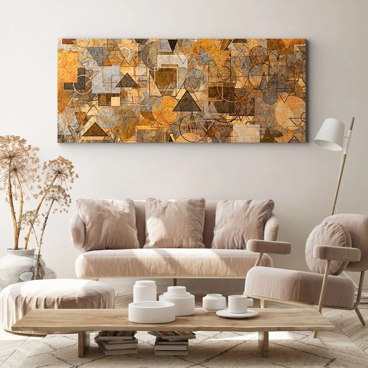 Bild auf Leinwand - Leinwandbild - Abstrakte geometrische Muster in Goldtönen - 160x50cm - Die Welt in Form - Moderne Wanddekoration für Wohnzimmer und Schlafzimmer ARTTOR