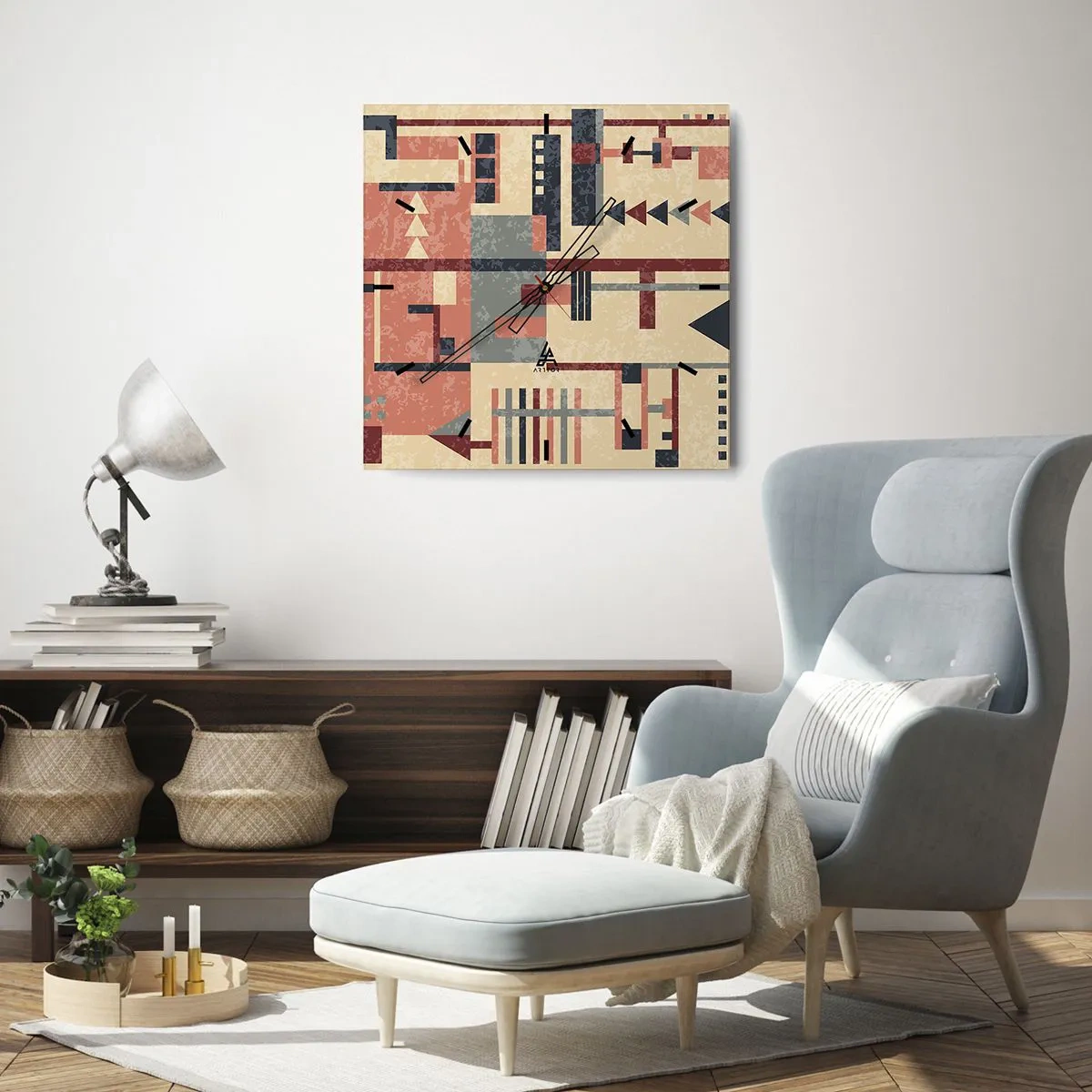 Wanduhr - Glasuhr - Geometrisches Muster in Pastelltönen von Beige, Rot und Grau - 30x30cm - Eine Kombination aus Vertikalen und Ebenen - Moderne Wanddekoration für Wohnzimmer und Schlafzimmer ARTTOR