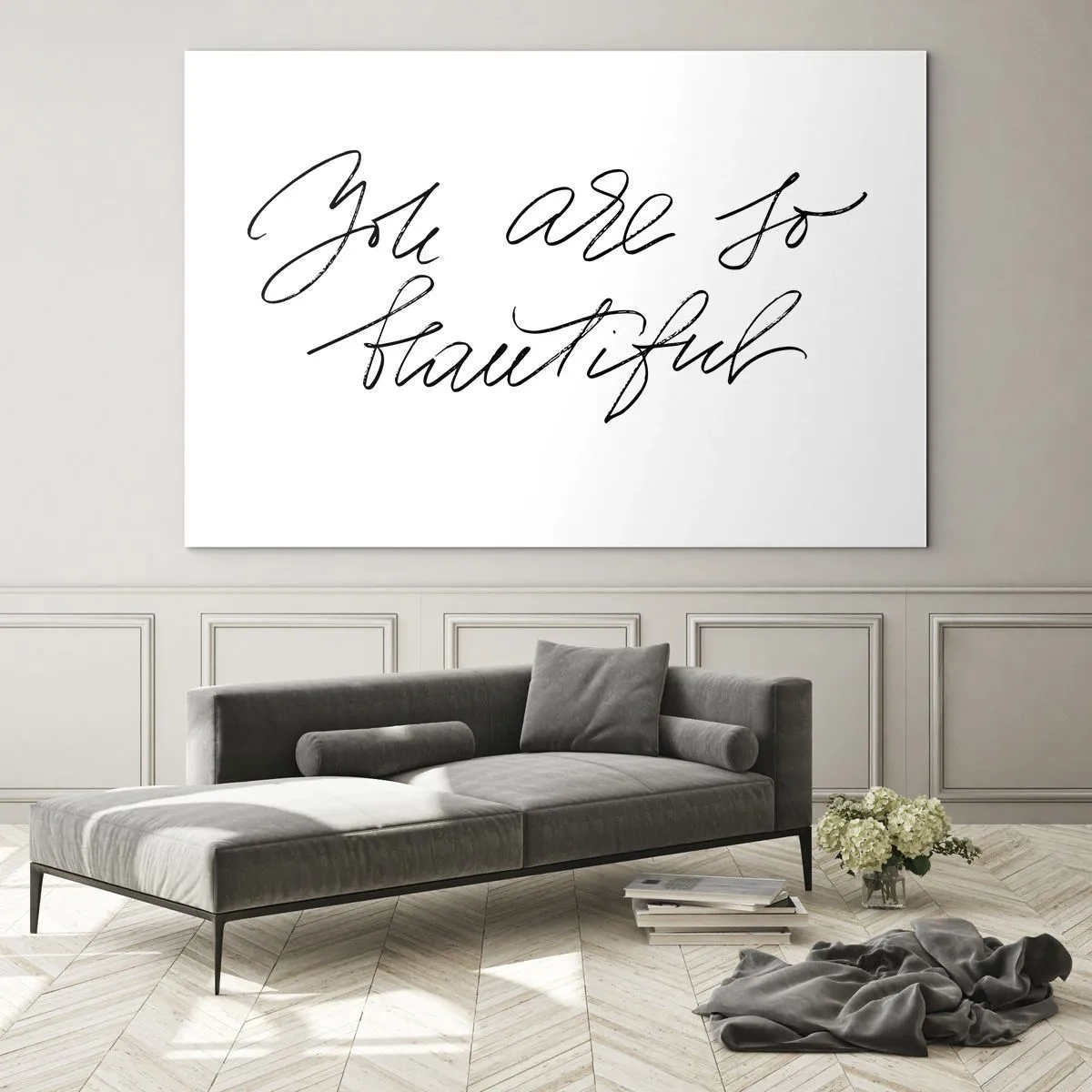 Glasbild - Bild auf glas - „Du bist so schön“-Zitat in einem eleganten, kalligrafischen Stil - 70x50cm - Glauben Sie wirklich ... - Moderne Wanddekoration für Wohnzimmer und Schlafzimmer ARTTOR
