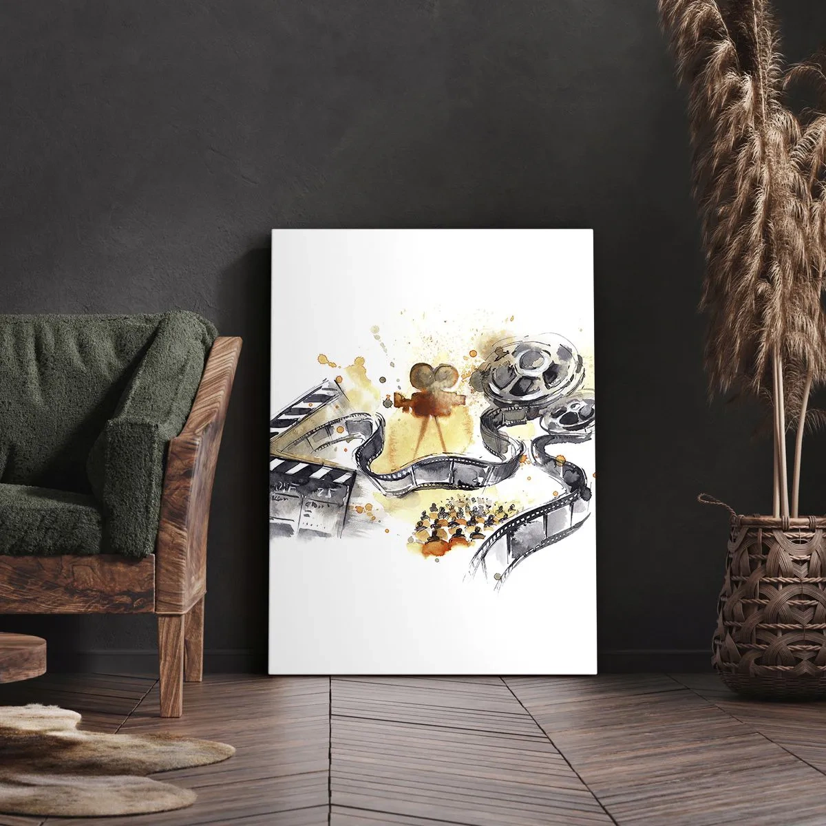 Bild auf Leinwand - Leinwandbild - Die Symbolik des Kinos mit einem Filmstreifen in einem künstlerischen Aquarell - 50x70cm - Im Land der Träume - Moderne Wanddekoration für Wohnzimmer und Schlafzimmer ARTTOR