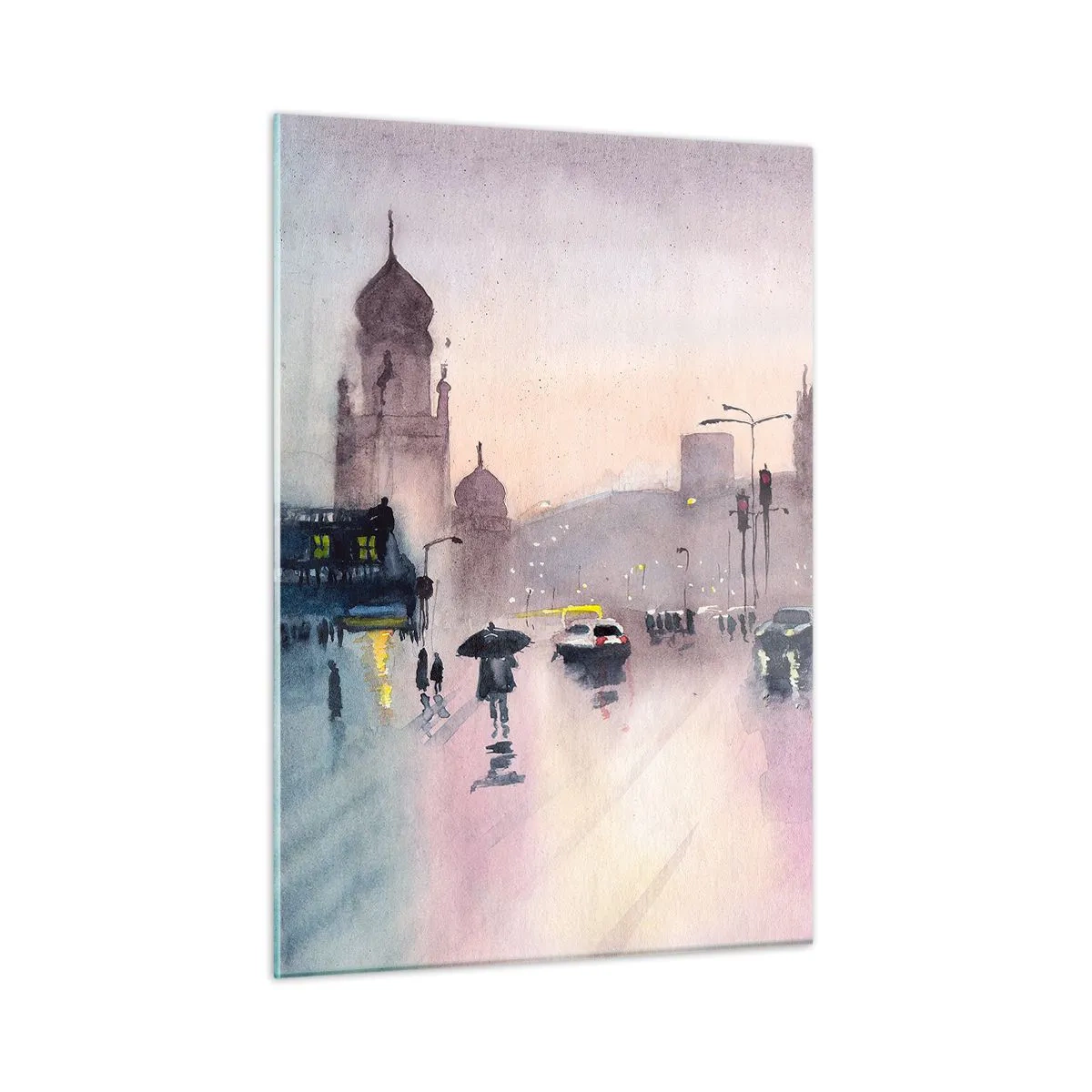Glasbild - Bild auf glas - Regnerisches Stadtbild - 50x70cm - Im regnerischen Dunst - Moderne Wanddekoration für Wohnzimmer und Schlafzimmer ARTTOR