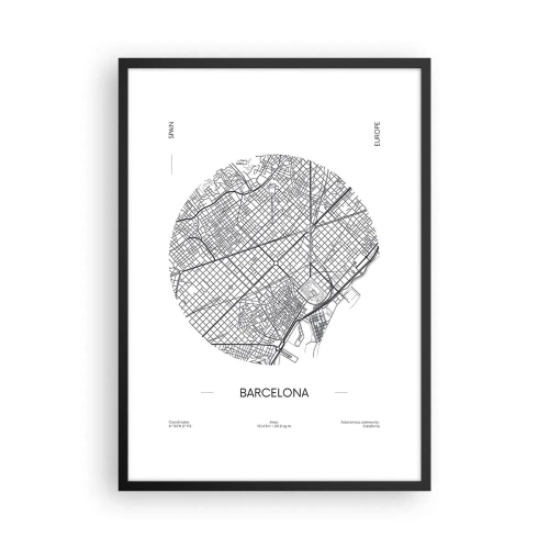 Poster in einem schwarzem Rahmen - Eine minimalistische Karte von Barcelona in Schwarzweiß. - 50x70cm - Anatomie von Barcelona - Moderne Wanddekoration für Wohnzimmer und Schlafzimmer ARTTOR