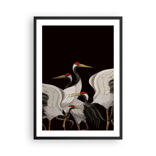 Poster in einem schwarzem Rahmen - Elegante Kraniche auf dunklem Hintergrund im orientalischen Stil - 50x70cm - Vogelsachen - Moderne Wanddekoration für Wohnzimmer und Schlafzimmer ARTTOR