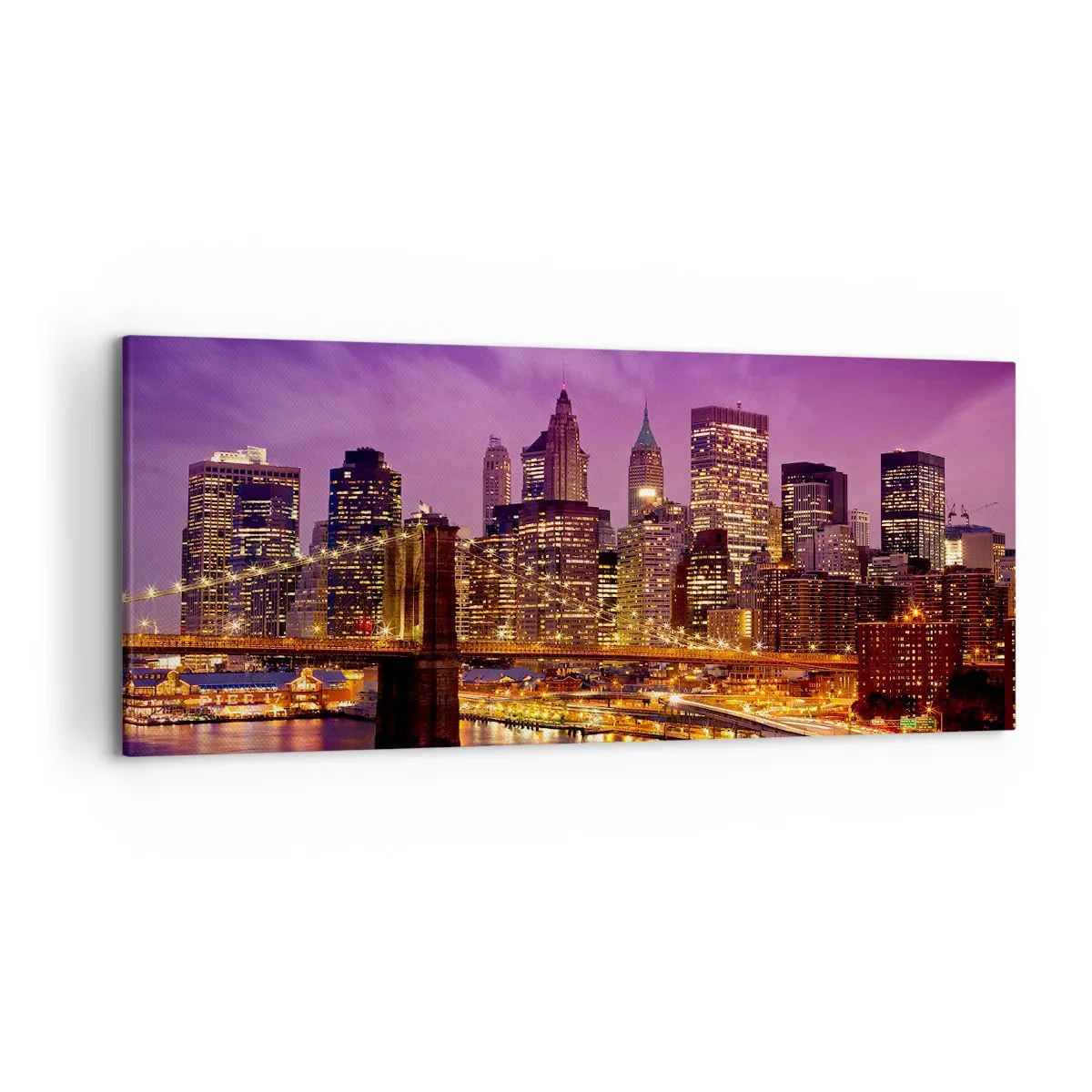 Bild auf Leinwand - Leinwandbild - Panorama der Stadt mit der Brücke im Abendlicht vor dem violetten Himmel - 120x50cm - Violett-goldenes Manhathann - Moderne Wanddekoration für Wohnzimmer und Schlafzimmer ARTTOR