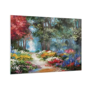 Glasbild - Bild auf glas - Ein farbenfroher Waldgarten mit blühenden Blumen - 100x70cm - Waldgarten, Blumenwald - Moderne Wanddekoration für Wohnzimmer und Schlafzimmer ARTTOR