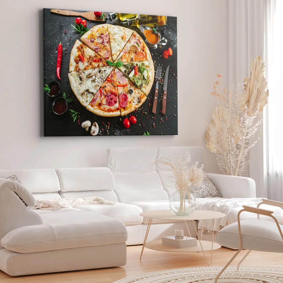 Bild auf Leinwand - Leinwandbild - Pizza in verschiedenen Geschmacksrichtungen mit verschiedenen Belägen - 120x80cm - Eine Reihe von Geschmacksrichtungen - Moderne Wanddekoration für Wohnzimmer und Schlafzimmer ARTTOR
