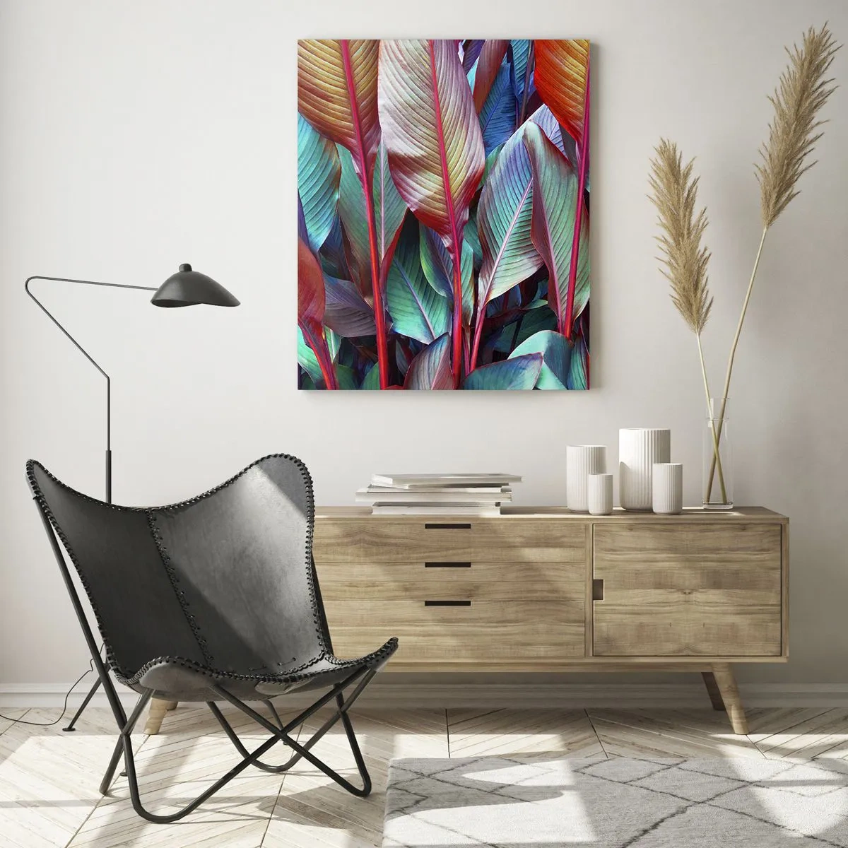Glasbild - Bild auf glas - Ein buntes Blätterdickicht in Rot-, Grün- und Lilatönen - 50x70cm - Buntes Dickicht - Moderne Wanddekoration für Wohnzimmer und Schlafzimmer ARTTOR