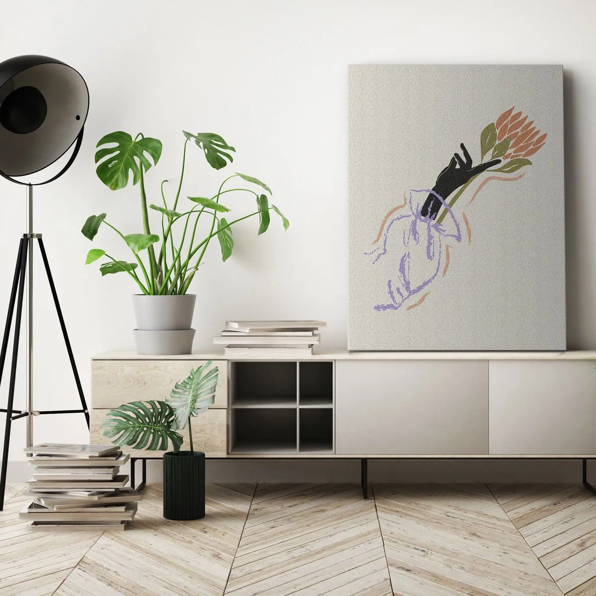 Bild auf Leinwand - Leinwandbild - Ein minimalistischer Blumenstrauß im zarten Stil - 80x120cm - Schwesterliche Berührung - Moderne Wanddekoration für Wohnzimmer und Schlafzimmer ARTTOR