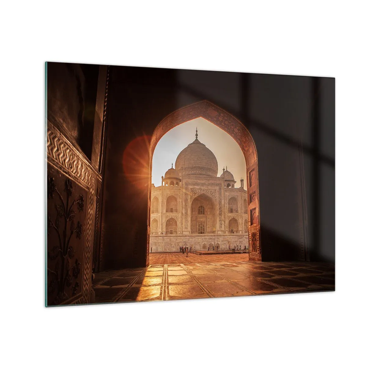 Glasbild - Bild auf glas - Sonnenuntergang über einem monumentalen Gebäude durch einen Bogen gesehen - 70x50cm - Denkmal der überirdischen Liebe - Moderne Wanddekoration für Wohnzimmer und Schlafzimmer ARTTOR