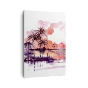 Bild auf Leinwand - Leinwandbild - Tropische Landschaft mit Palmen bei Sonnenuntergang in Aquarell - 70x100cm - Die Ruhe der Tropen in Rot - Moderne Wanddekoration für Wohnzimmer und Schlafzimmer ARTTOR