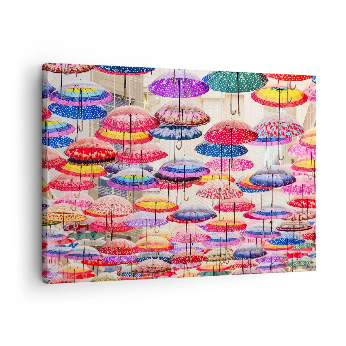Bild auf Leinwand - Leinwandbild - Bunte Regenschirme schweben in der Luft - 70x50cm - Stadtwiese - Moderne Wanddekoration für Wohnzimmer und Schlafzimmer ARTTOR