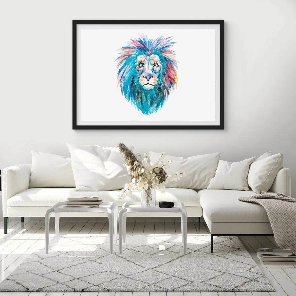 Poster in einem schwarzem Rahmen - Aquarellporträt eines Löwen in lebendigen Farben - 100x70cm - Eine elektrisierende Aura - Moderne Wanddekoration für Wohnzimmer und Schlafzimmer ARTTOR