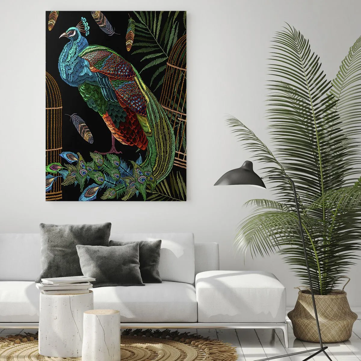 Glasbild - Bild auf glas - Bunte Pfauen und ein Käfig auf schwarzem Hintergrund - 50x70cm - In königlichen Gewändern - Moderne Wanddekoration für Wohnzimmer und Schlafzimmer ARTTOR