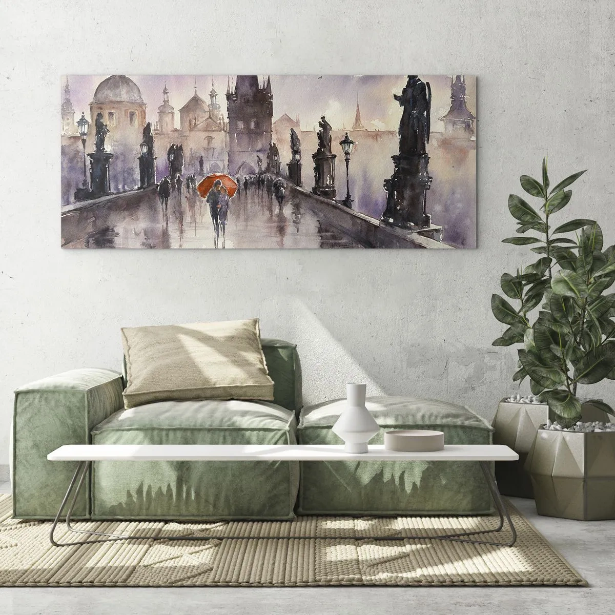 Glasbild - Bild auf glas - Romantischer Blick auf eine Brücke mit einem Regenschirm vor der Kulisse einer abendlichen Stadt - 140x50cm - Leute verändern sich nicht - Moderne Wanddekoration für Wohnzimmer und Schlafzimmer ARTTOR