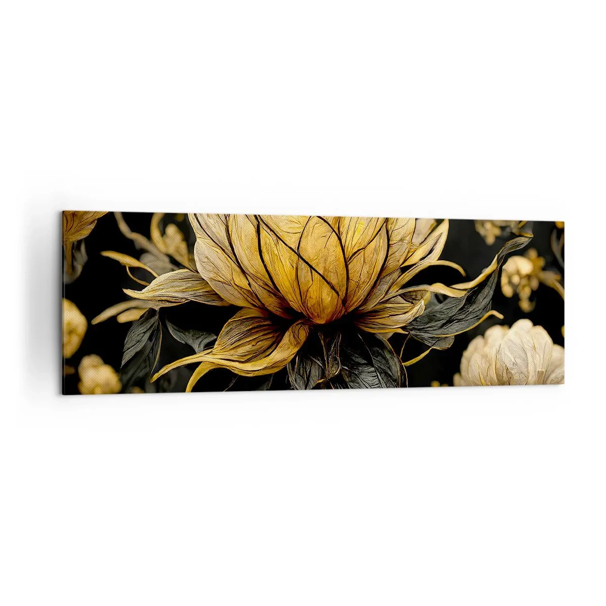 Bild auf Leinwand - Leinwandbild - Goldene Blume auf dunklem Hintergrund - 160x50cm - Subtile Zerbrechlichkeit - Moderne Wanddekoration für Wohnzimmer und Schlafzimmer ARTTOR