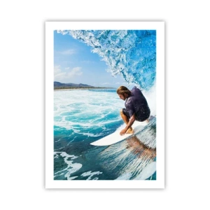 Poster - Ein Surfer in einem Wasserschlauch vor dem Hintergrund eines blauen Ozeans - 50x70cm - Tanzen mit den Wellen - Moderne Wanddekoration für Wohnzimmer und Schlafzimmer ARTTOR
