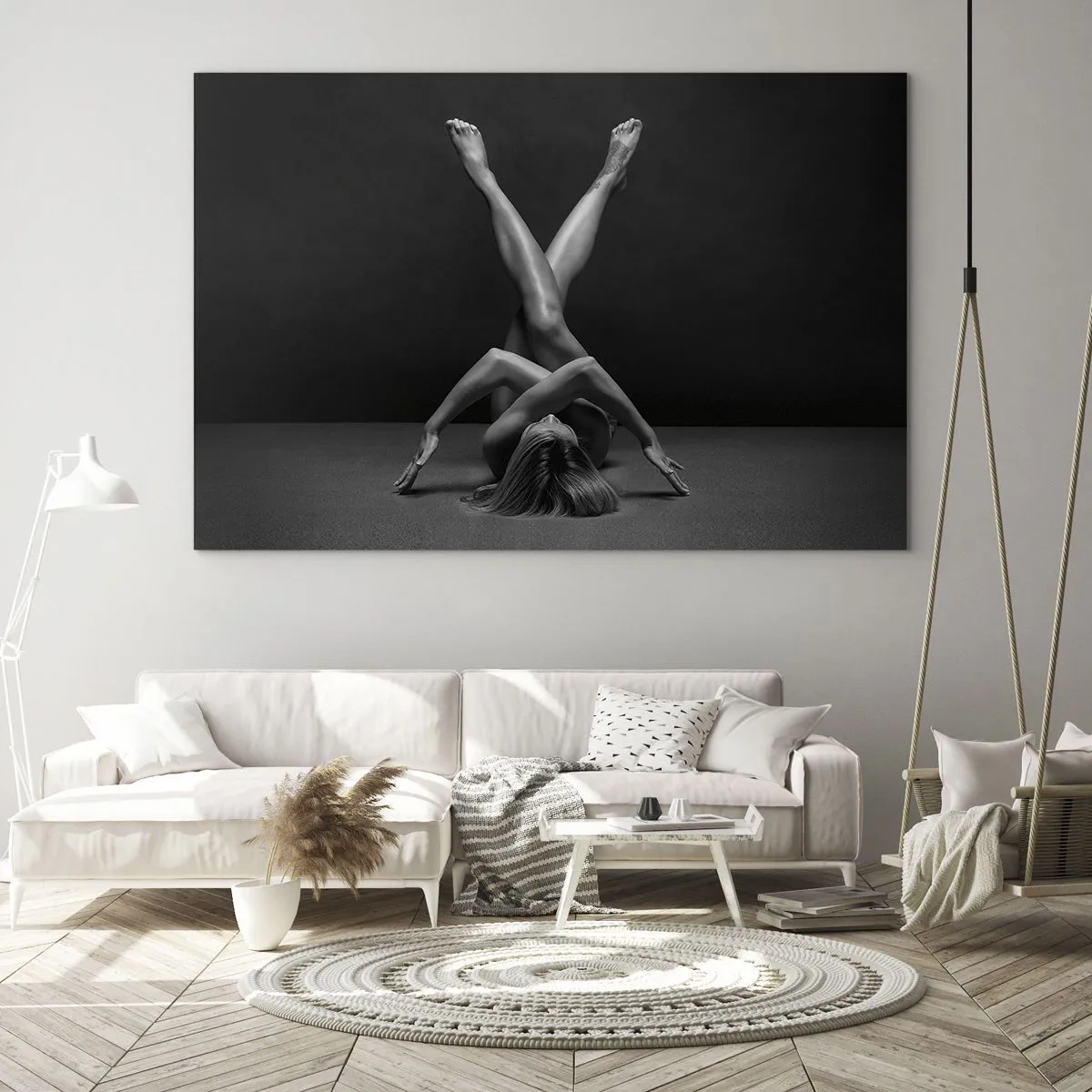 Glasbild - Bild auf glas - Weiblicher Akt in geometrischer Körperkomposition - 70x50cm - Die Geometrie der Nacktheit - Moderne Wanddekoration für Wohnzimmer und Schlafzimmer ARTTOR