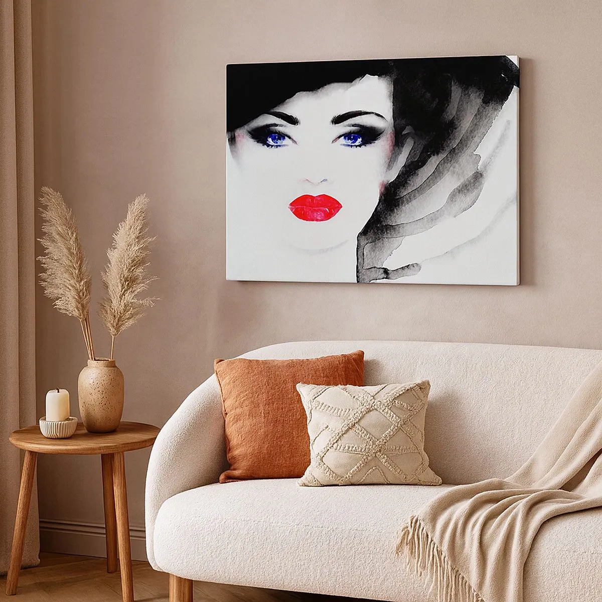 Bild auf Leinwand - Leinwandbild - Porträt einer Frau mit roten Lippen und intensiven blauen Augen - 70x50cm - Er drückt zurück und ruft an - Moderne Wanddekoration für Wohnzimmer und Schlafzimmer ARTTOR