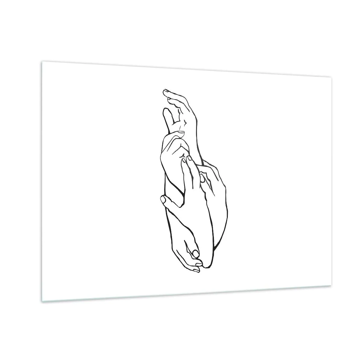 Glasbild - Bild auf glas - Eine subtile lineare Zeichnung gefalteter Hände auf weißem Hintergrund. - 100x70cm - Gute Geste - Moderne Wanddekoration für Wohnzimmer und Schlafzimmer ARTTOR