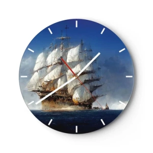 Wanduhr - Glasuhr - Ein Segelschiff mit gespreizten Segeln, das gegen den Wind über das Meer segelt. - 30x30cm - Der große Ruhm! - Moderne Wanddekoration für Wohnzimmer, Küche und Schlafzimmer ARTTOR