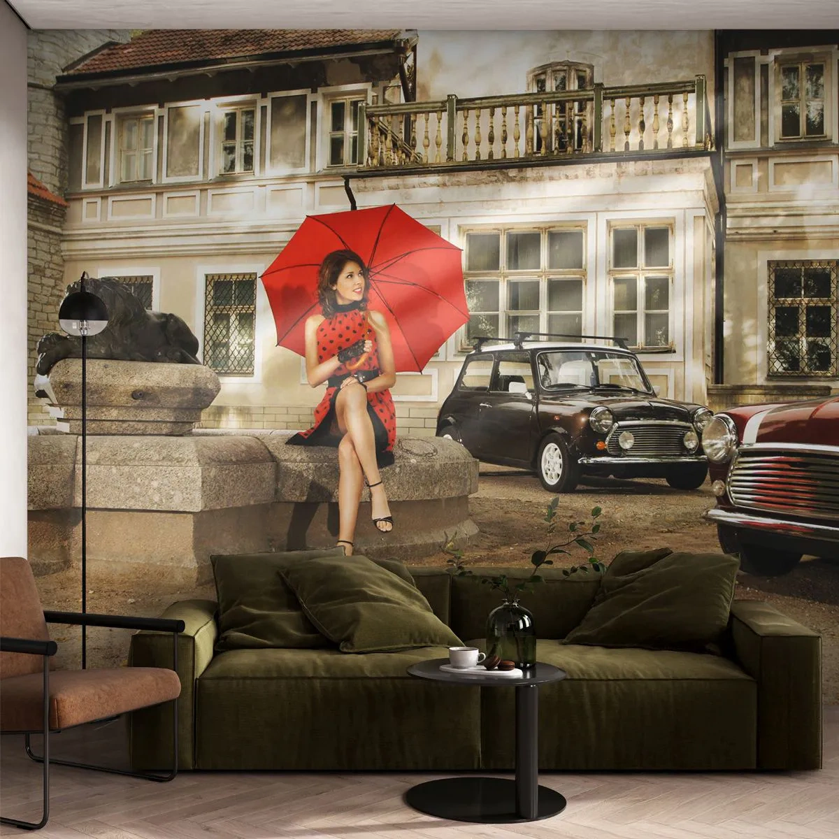 Fototapete Premium Canvas - Eine sentimentale Minireise - Frau, Die Architektur, Auto - 250x175 cm