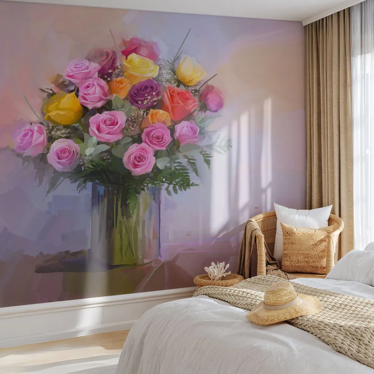 Fototapete Premium Sand - Ein Strauß bunter Rosen in einer Glasvase - 100x70cm - Festgehaltene Schönheit - Moderne Wanddekoration für Wohnzimmer und Schlafzimmer ARTTOR