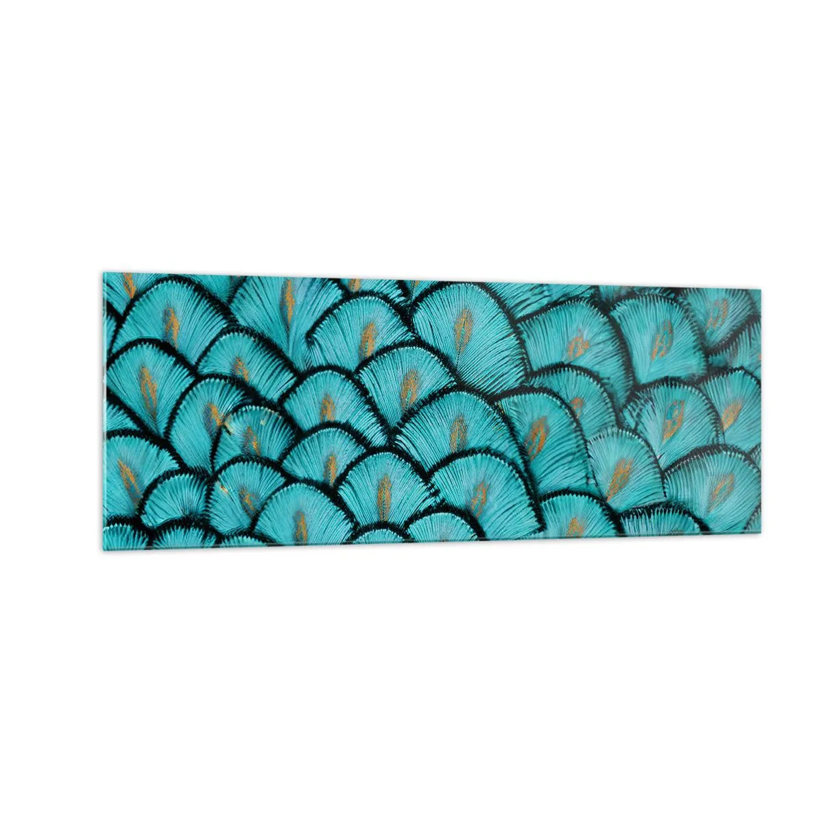 Glasbild - Bild auf glas - Ein Muster, das türkisfarbenen Schuppen mit goldenen Akzenten ähnelt - 140x50cm - Große Federgala - Moderne Wanddekoration für Wohnzimmer und Schlafzimmer ARTTOR