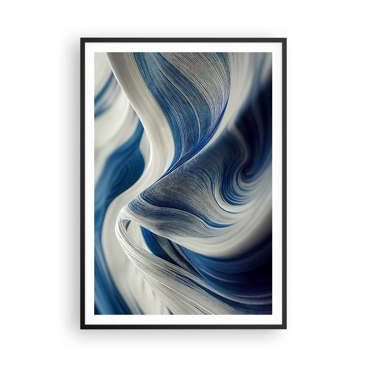 Poster in einem schwarzem Rahmen - Fließfähigkeit von Blau und Weiß - 70x100 cm