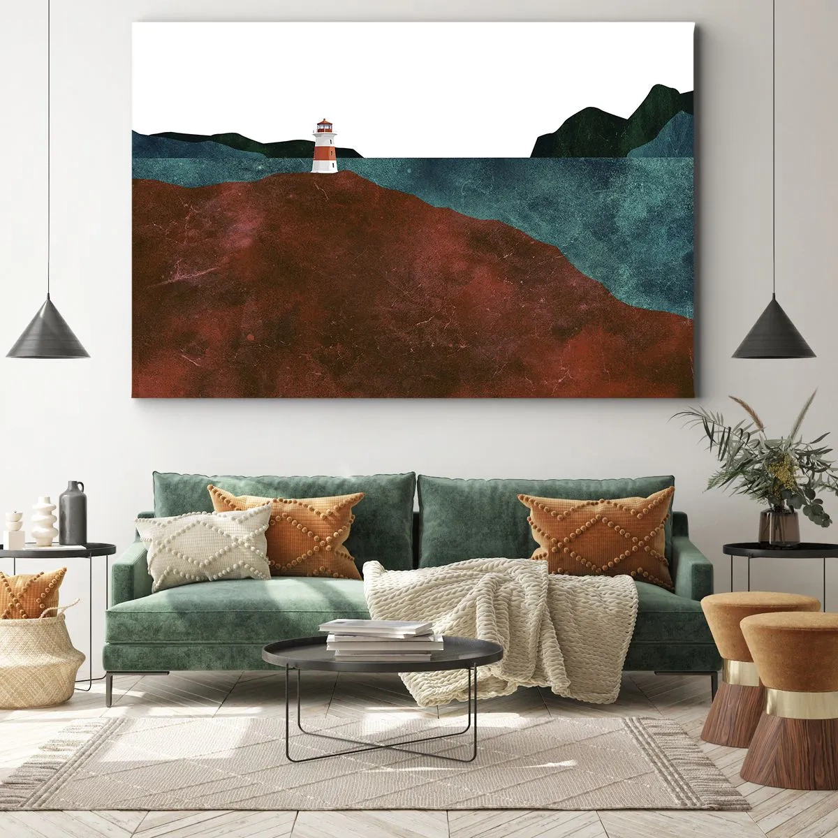 Bild auf Leinwand - Leinwandbild - Ein Leuchtturm vor der Kulisse von Bergen und Meer - 70x50cm - Aufs Meer starren - Moderne Wanddekoration für Wohnzimmer und Schlafzimmer ARTTOR