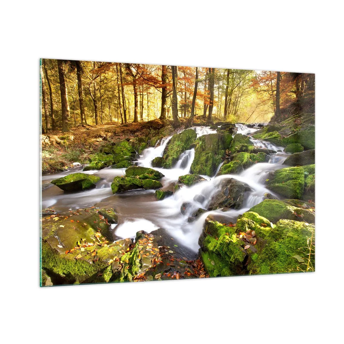 Glasbild - Bild auf glas - Ein Waldbach mit Wasserfällen in einer herbstlichen Landschaft - 100x70cm - Rasch durch den herbstlichen Wald - Moderne Wanddekoration für Wohnzimmer und Schlafzimmer ARTTOR