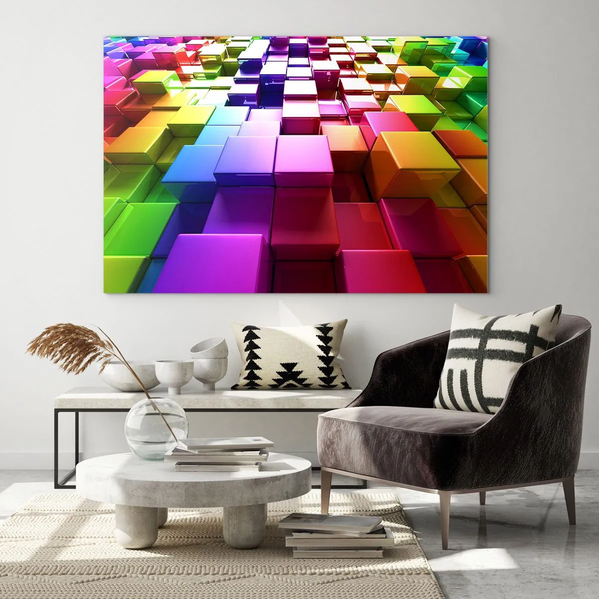 Glasbild - Bild auf glas - Bunte Würfel bilden ein dreidimensionales abstraktes Muster - 70x50cm - Op-Art gemeinsam im Team - Moderne Wanddekoration für Wohnzimmer und Schlafzimmer ARTTOR