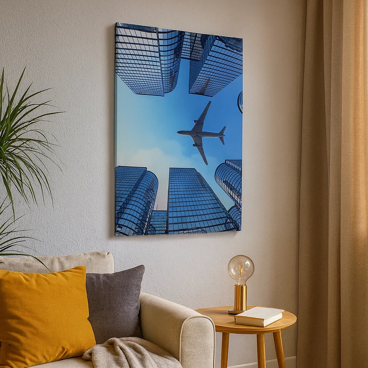 Bild auf Leinwand - Leinwandbild - Ein Flugzeug fliegt über moderne Wolkenkratzer im Stadtzentrum. - 50x70cm - Der Blick aus der Glasschlucht - Moderne Wanddekoration für Wohnzimmer und Schlafzimmer ARTTOR