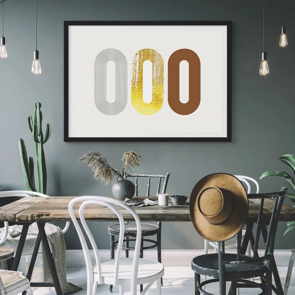 Poster in einem schwarzem Rahmen - Abstraktes Motiv aus drei geometrischen Formen - 100x70cm - Oooh! - Moderne Wanddekoration für Wohnzimmer und Schlafzimmer ARTTOR
