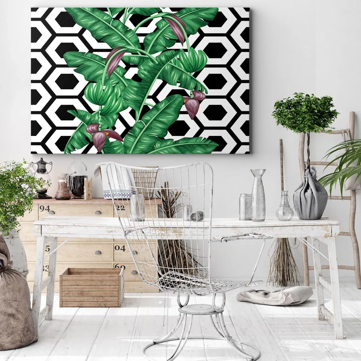 Bild auf Leinwand - Leinwandbild - Tropische Blätter auf geometrischem Hintergrund - 120x80cm - Von Natur aus eine symmetrische Komposition - Moderne Wanddekoration für Wohnzimmer und Schlafzimmer ARTTOR