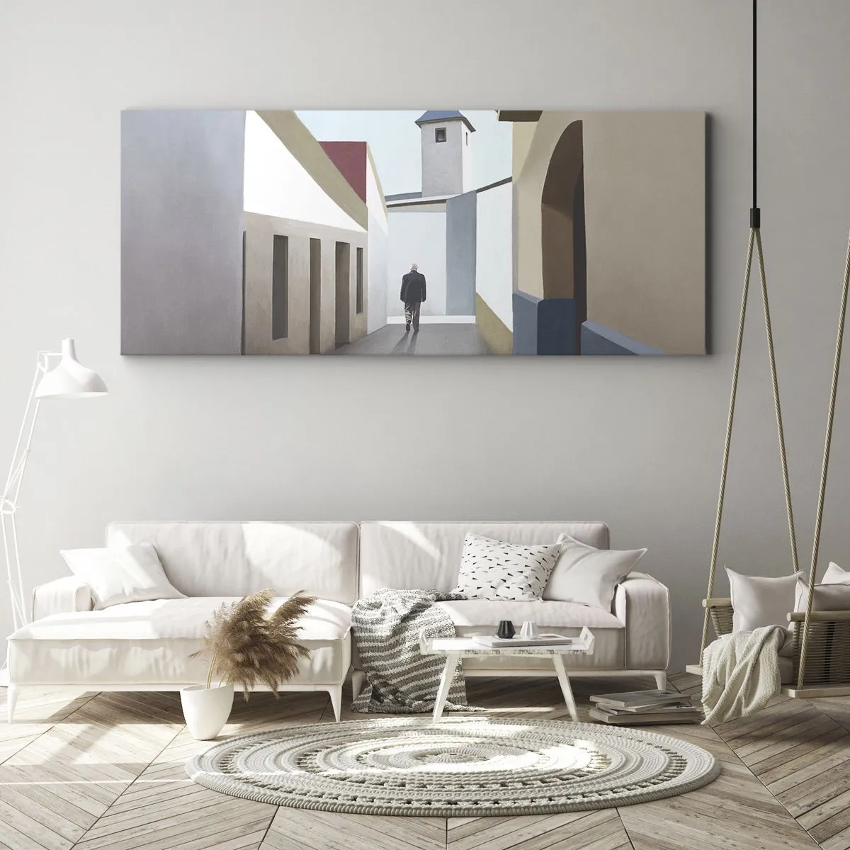 Bild auf Leinwand - Leinwandbild - Eine minimalistische Straße mit der Silhouette eines Mannes im Hintergrund - 160x50cm - Sonniger Spaziergang - Moderne Wanddekoration für Wohnzimmer und Schlafzimmer ARTTOR
