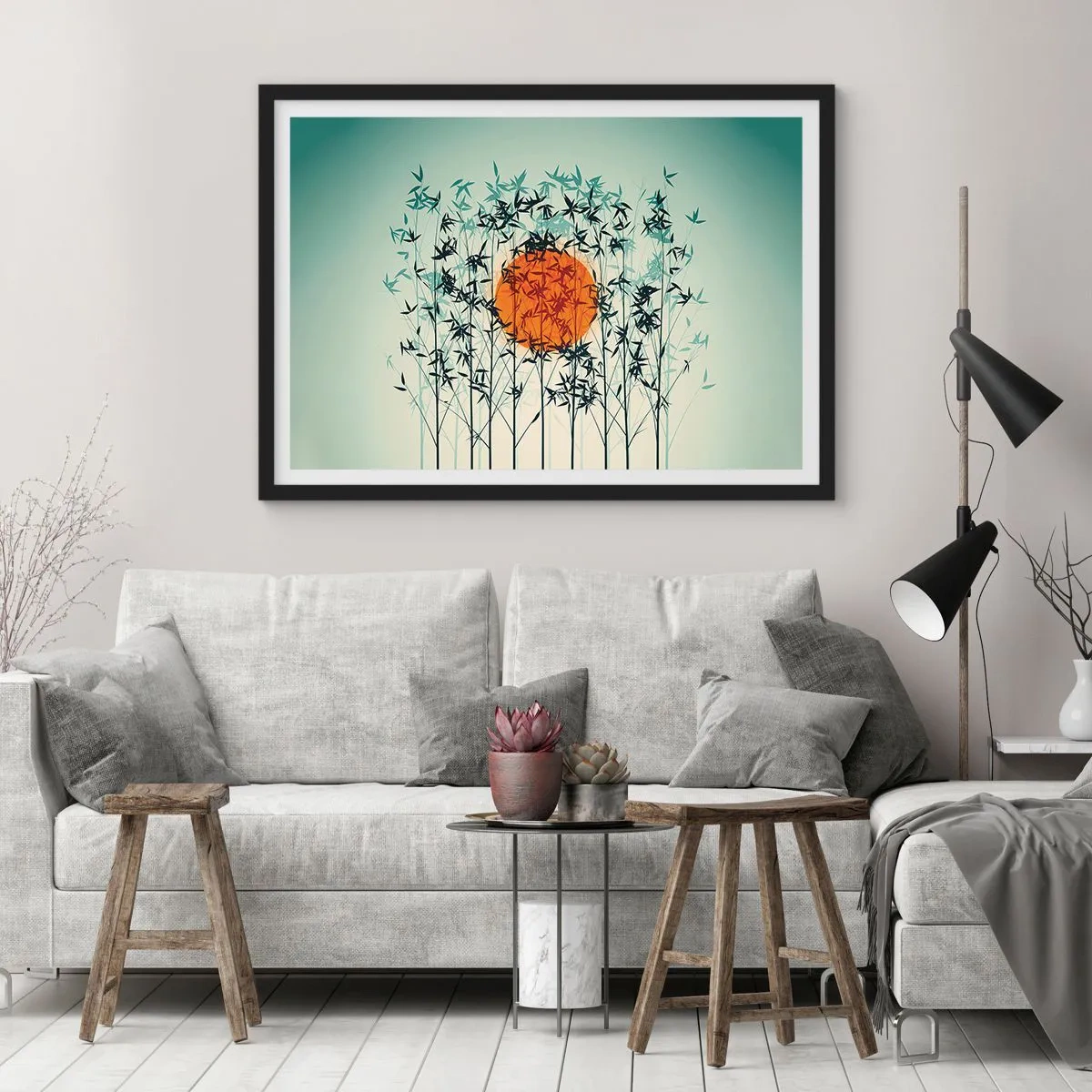 Poster in einem schwarzem Rahmen - Orange Sonne zwischen den Bambuszweigen - 70x50cm - Japanische Sonne - Moderne Wanddekoration für Wohnzimmer und Schlafzimmer ARTTOR