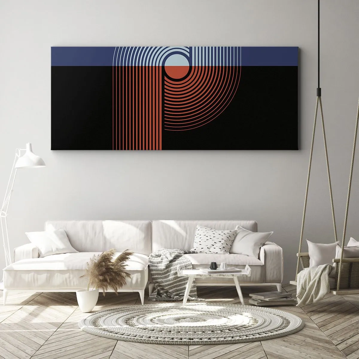 Bild auf Leinwand - Leinwandbild - Geometrische Abstraktion mit Linien in Marineblau und Orange. - 120x50cm - In einer geometrischen Umarmung - Moderne Wanddekoration für Wohnzimmer und Schlafzimmer ARTTOR