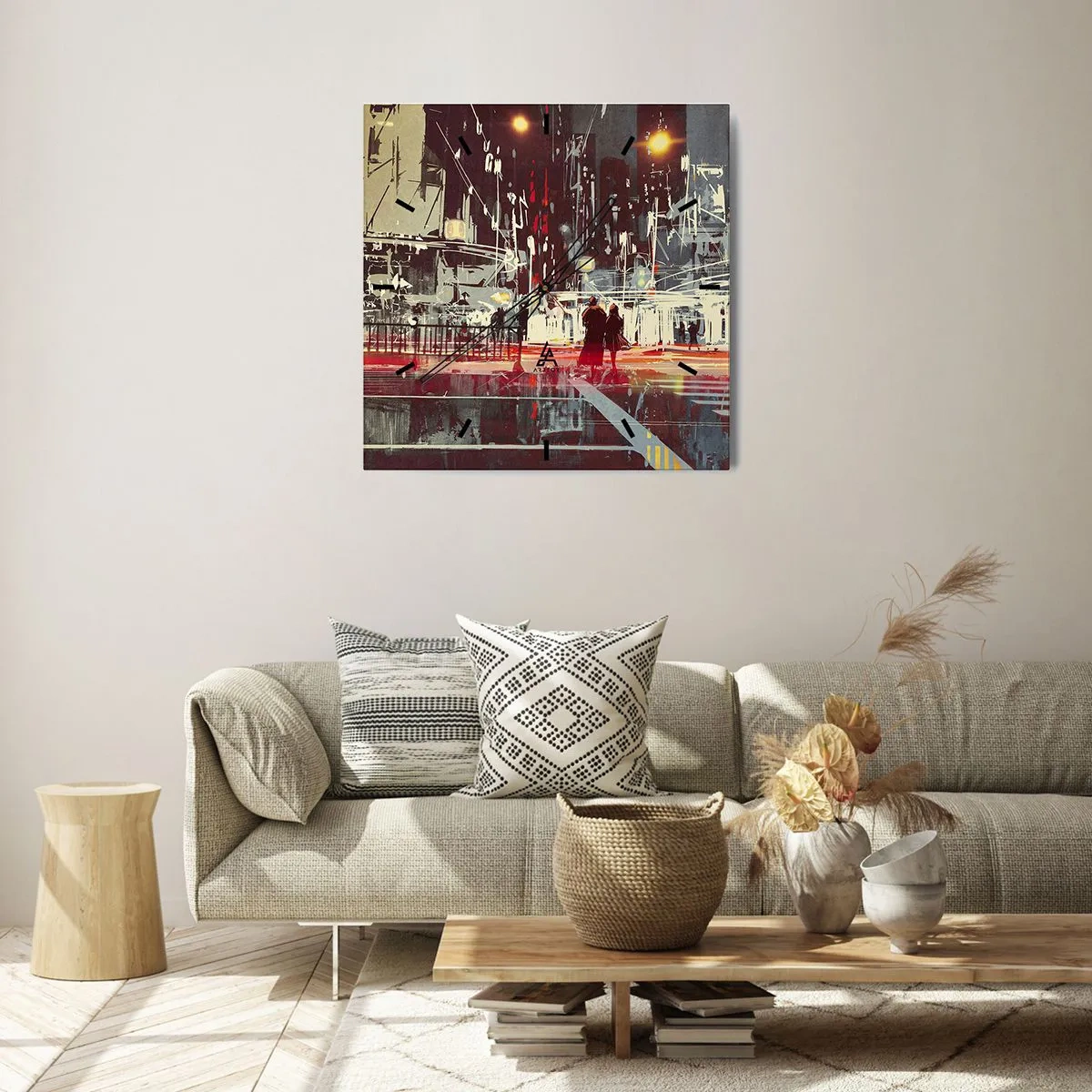 Wanduhr - Glasuhr - Stadt bei Nacht mit Neonlichtern und Silhouetten von Menschen auf der Straße - 30x30cm - Eine große Stadtüberquerung - Moderne Wanddekoration für Wohnzimmer und Schlafzimmer ARTTOR