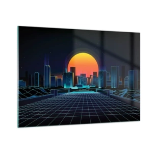 Glasbild - Bild auf glas - Futuristisches Stadtpanorama mit Sonnenuntergang - 100x70cm - Willst du immer noch zu Real gehen? - Moderne Wanddekoration für Wohnzimmer und Schlafzimmer ARTTOR
