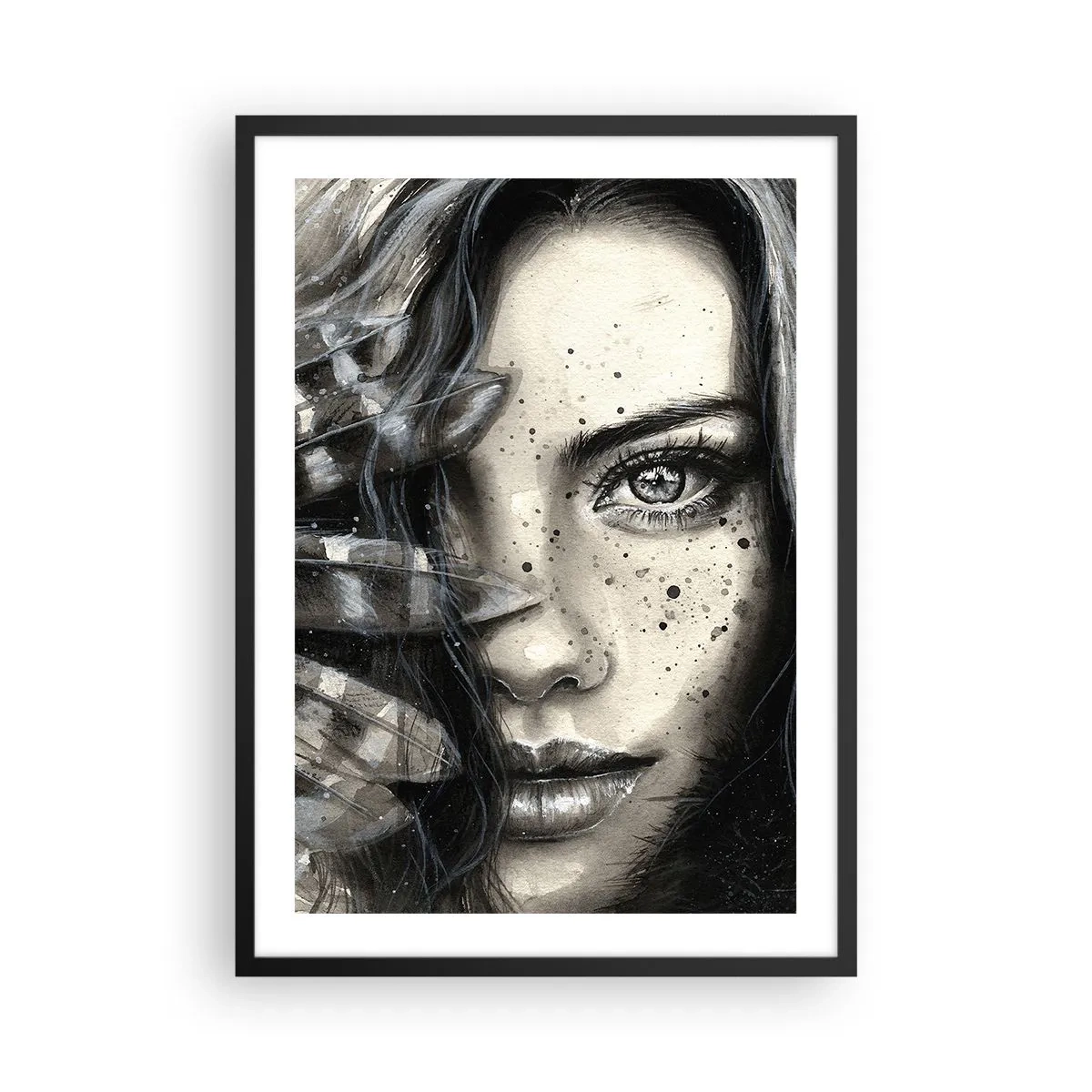 Poster in einem schwarzem Rahmen - Porträt einer Frau im monochromen Stil - 50x70cm - Wilde Schönheit - Moderne Wanddekoration für Wohnzimmer und Schlafzimmer ARTTOR
