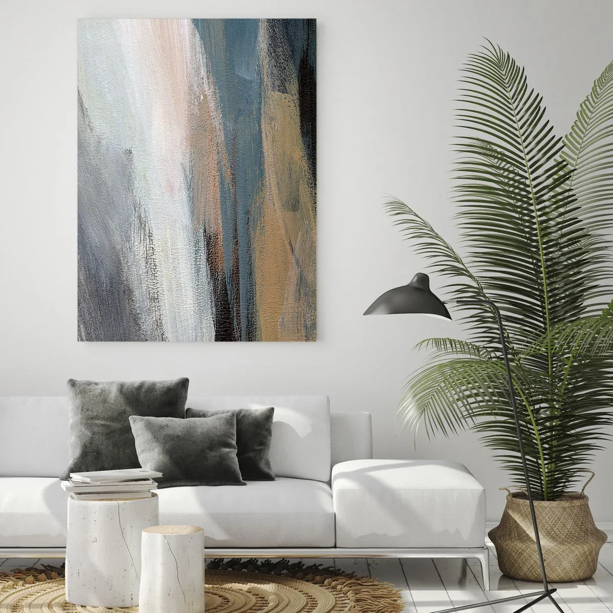 Glasbild - Bild auf glas - Abstrakte Landschaft in gedämpften Blau- und Beigetönen - 70x100cm - Abstraktion: nördliche Landschaft - Moderne Wanddekoration für Wohnzimmer und Schlafzimmer ARTTOR