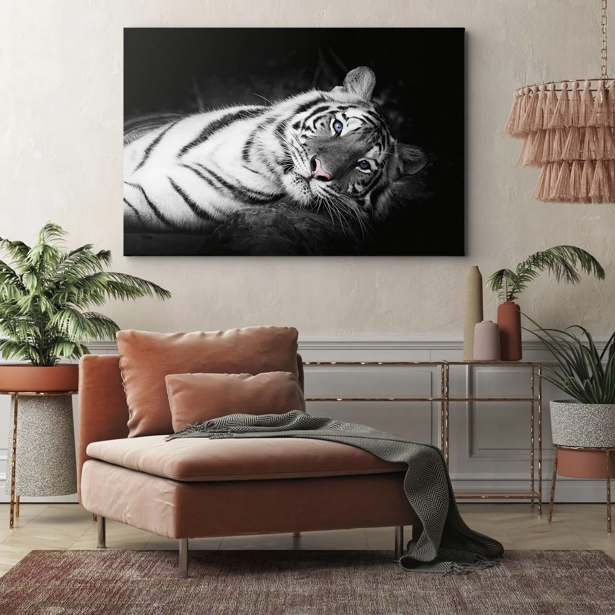 Bild auf Leinwand - Leinwandbild - Ein künstlerisch gestalteter weißer Tiger vor schwarzem Hintergrund - 100x70cm - Wildnis und Frieden - Moderne Wanddekoration für Wohnzimmer und Schlafzimmer ARTTOR