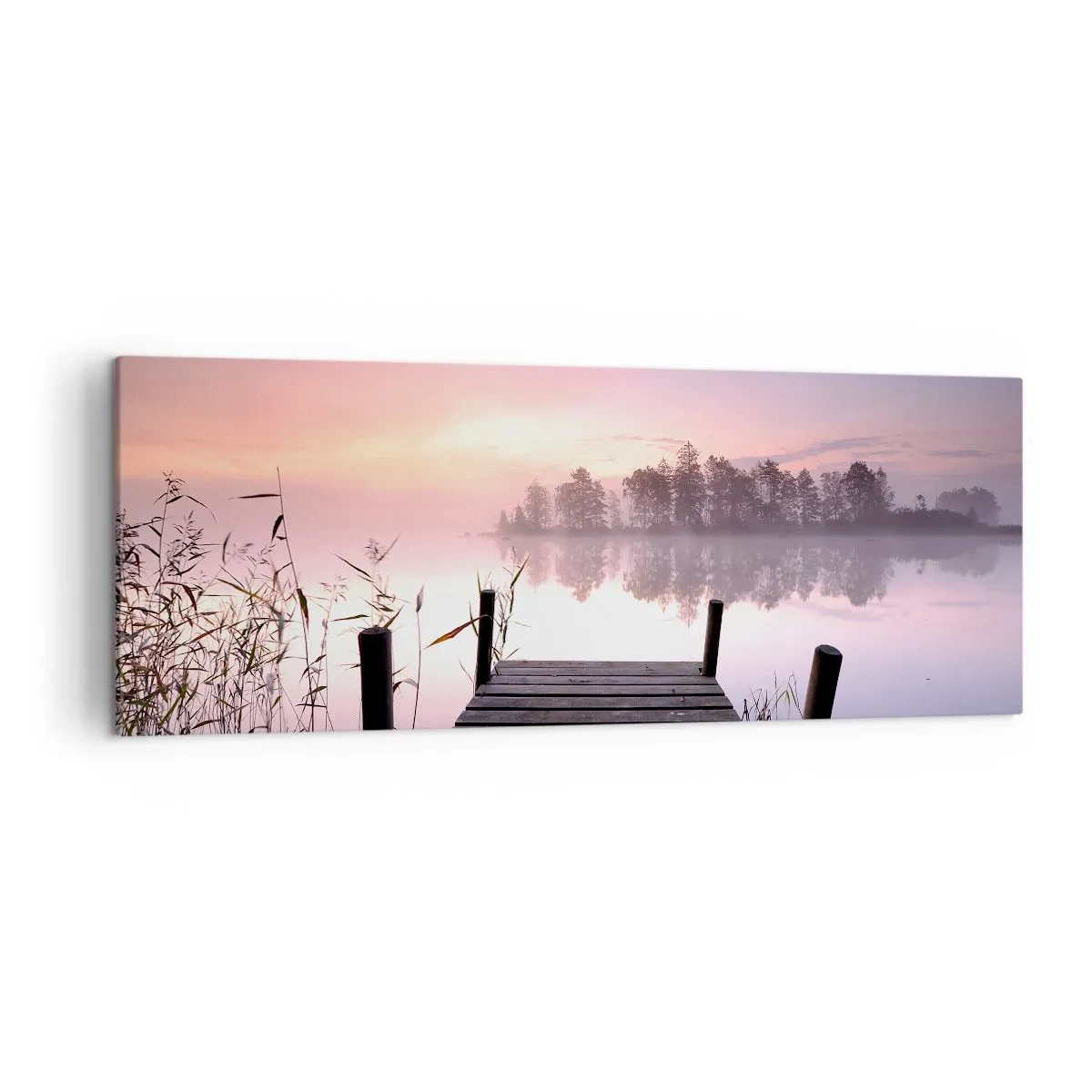 Bild auf Leinwand - Leinwandbild - Ein Steg am Seeufer im Morgengrauen mit Nebel und pastellfarbenem Himmel - 140x50cm - Aus dem lila Nebel ... - Moderne Wanddekoration für Wohnzimmer und Schlafzimmer ARTTOR