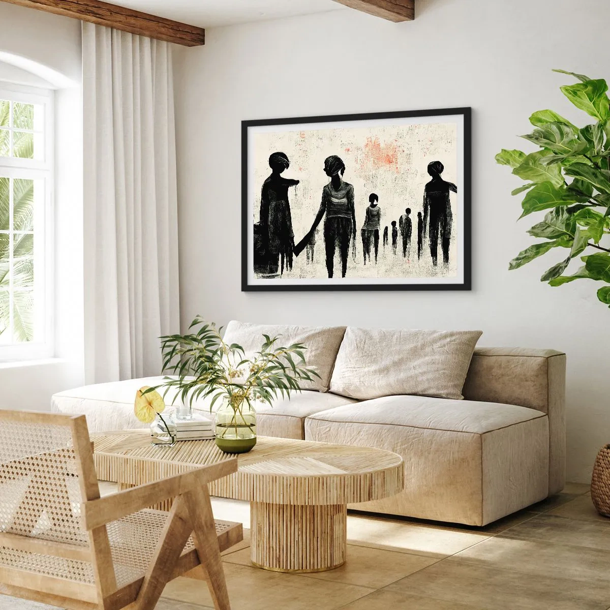 Poster in einem schwarzem Rahmen - Figuren in monochromer Komposition vor hellem Hintergrund - 70x50cm - Gegen die Einsamkeit - Moderne Wanddekoration für Wohnzimmer und Schlafzimmer ARTTOR