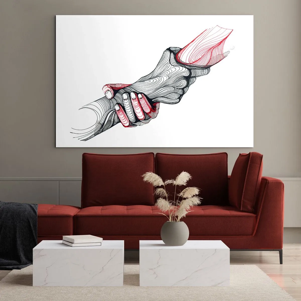 Glasbild - Bild auf glas - Abstrakte Zeichnung von zwei Händen bei einem Händedruck - 70x50cm - Sie sind in guten Händen - Moderne Wanddekoration für Wohnzimmer und Schlafzimmer ARTTOR