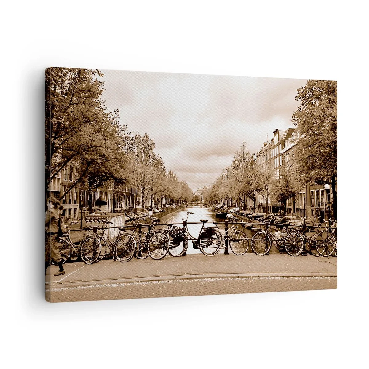 Bild auf Leinwand - Leinwandbild - Fahrradbrücke über den Kanal in Sepia - 70x50cm - Niederländische Atmosphäre - Moderne Wanddekoration für Wohnzimmer und Schlafzimmer ARTTOR