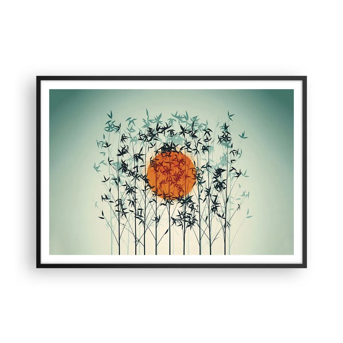 Poster in einem schwarzem Rahmen - Orange Sonne zwischen den Bambuszweigen - 100x70cm - Japanische Sonne - Moderne Wanddekoration für Wohnzimmer und Schlafzimmer ARTTOR