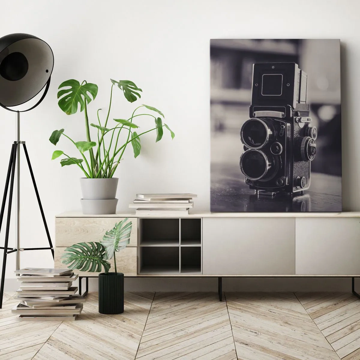 Bild auf Leinwand - Leinwandbild - Antike Kamera in Schwarz und Weiß - 80x120cm - Zauber alter Fotografie - Moderne Wanddekoration für Wohnzimmer und Schlafzimmer ARTTOR